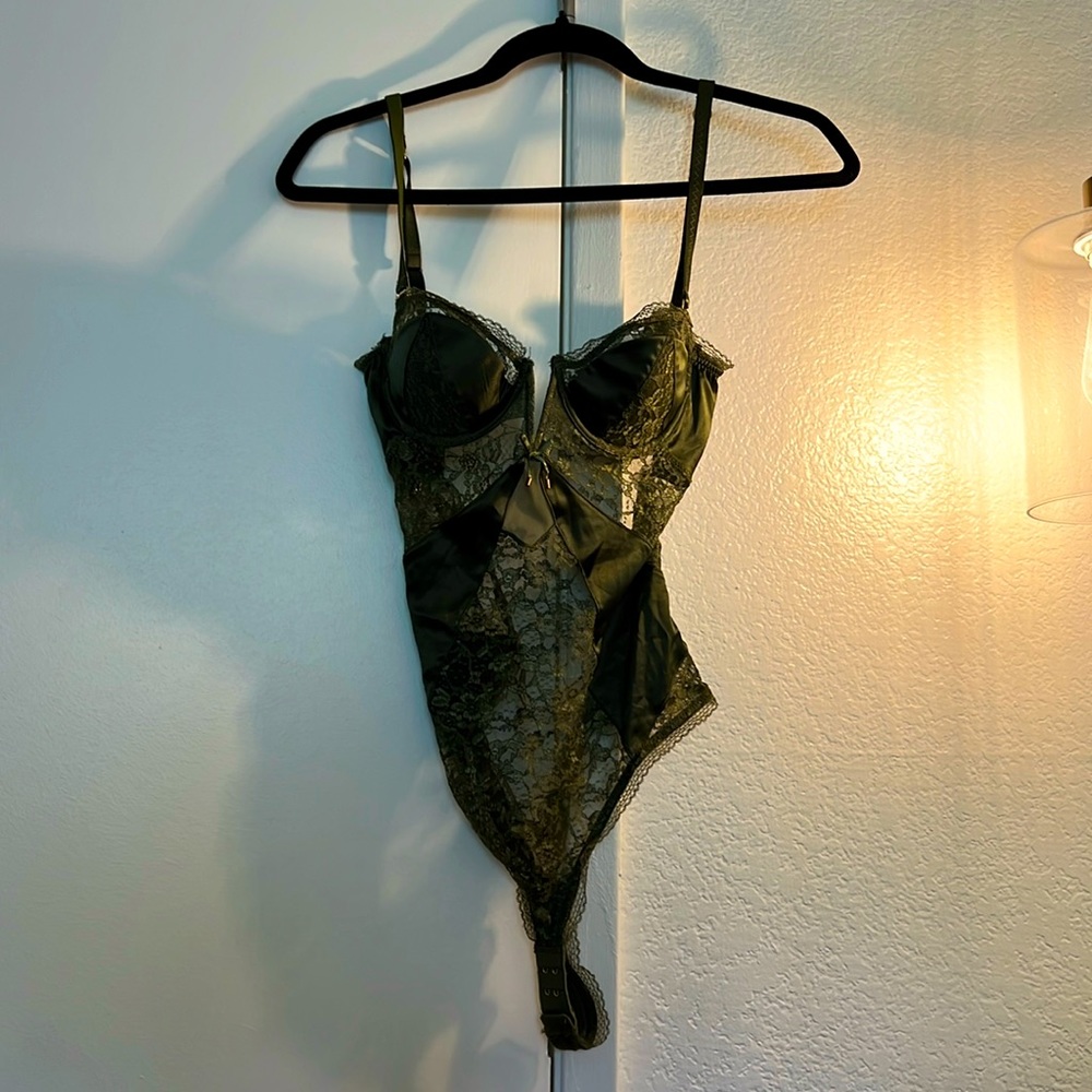 VS sage green lingerie bodysuit, size 34B, lace details